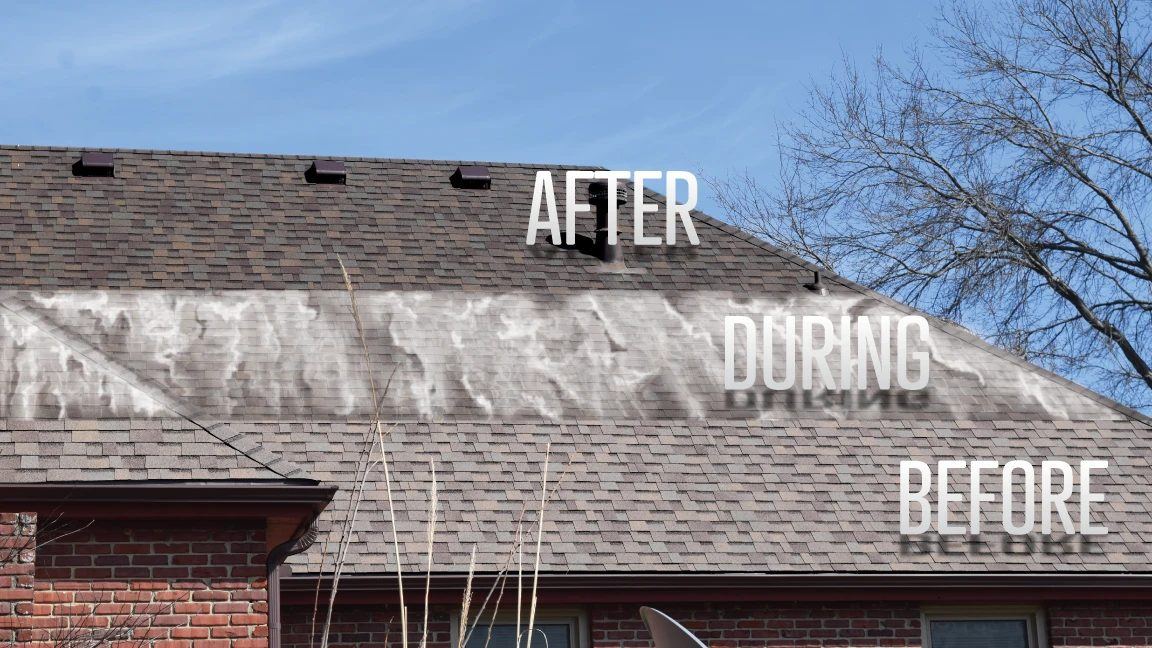 One roof shown in three bands: faded shingles before, white treatment during application, and darker restored shingles after